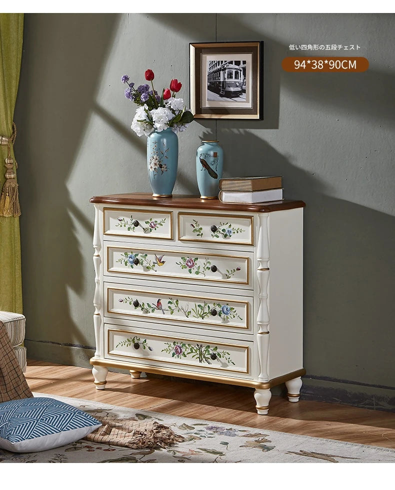 パイン材使用!エレガントな花柄キャビネット - おしゃれな収納家具で空間を彩る hfgxc-4863