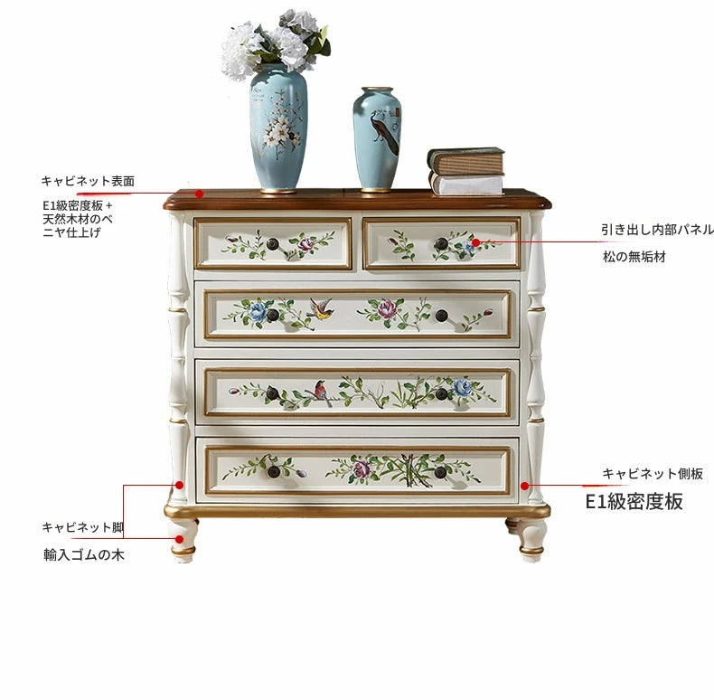 パイン材使用!エレガントな花柄キャビネット - おしゃれな収納家具で空間を彩る hfgxc-4863