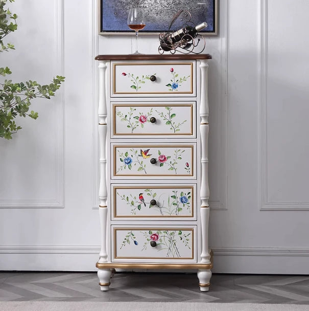 パイン材キャビネット - ヴィンテージ風フラワー装飾付き、収納力抜群のおしゃれ家具 hfgxc-4864