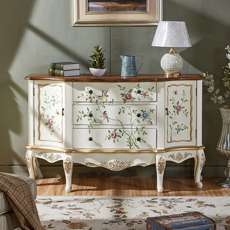 パイン材キャビネット - ヴィンテージ風フラワー装飾付き、収納力抜群のおしゃれ家具 hfgxc-4864