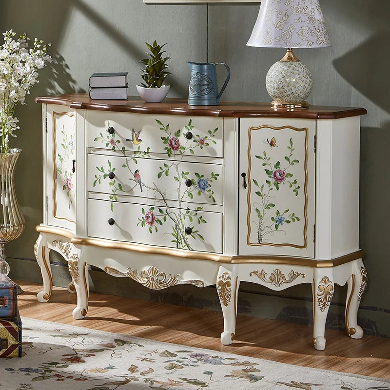 パイン材キャビネット - ヴィンテージ風フラワー装飾付き、収納力抜群のおしゃれ家具 hfgxc-4864