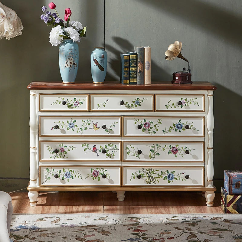 パイン材キャビネット - ヴィンテージ風フラワー装飾付き、収納力抜群のおしゃれ家具 hfgxc-4864