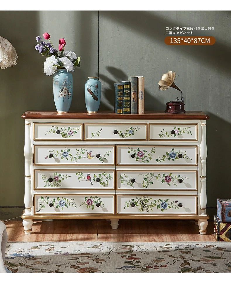 パイン材キャビネット - ヴィンテージ風フラワー装飾付き、収納力抜群のおしゃれ家具 hfgxc-4864