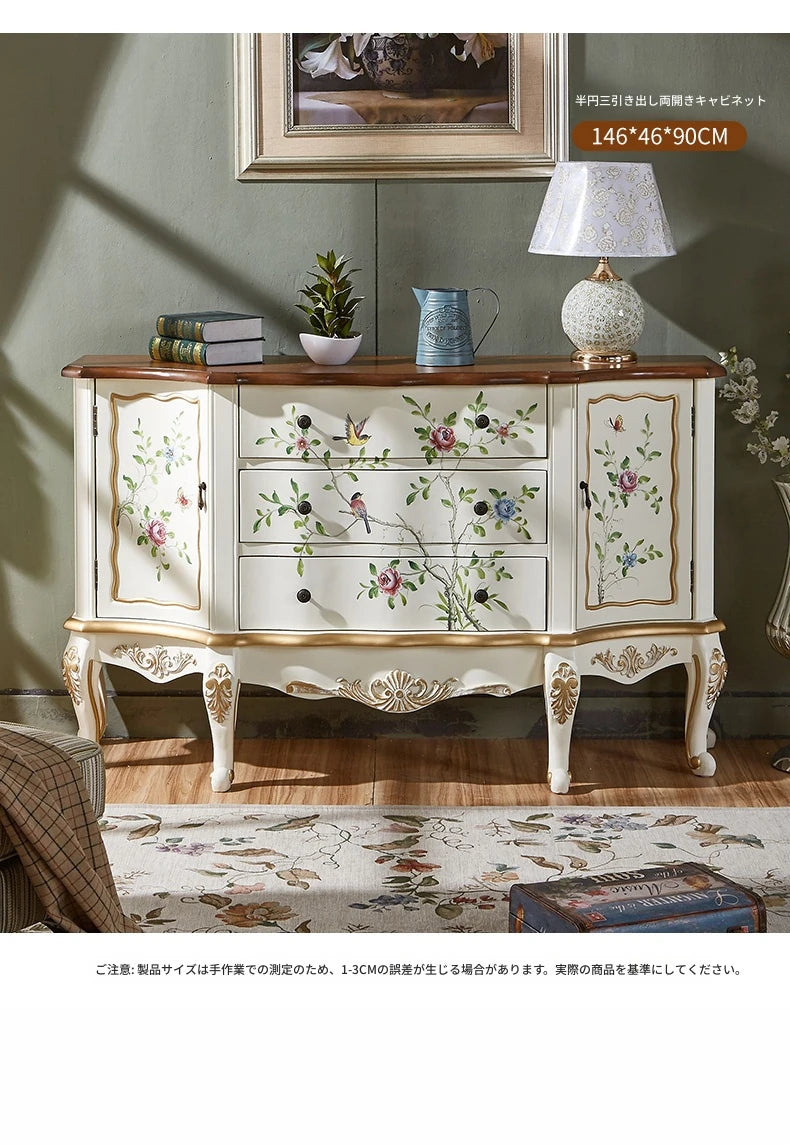 パイン材キャビネット - ヴィンテージ風フラワー装飾付き、収納力抜群のおしゃれ家具 hfgxc-4864