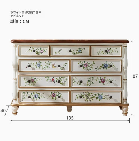 エレガントなパインキャビネット|花柄デザインの収納家具|ヴィンテージスタイルのおしゃれなインテリア hfgxc-4865