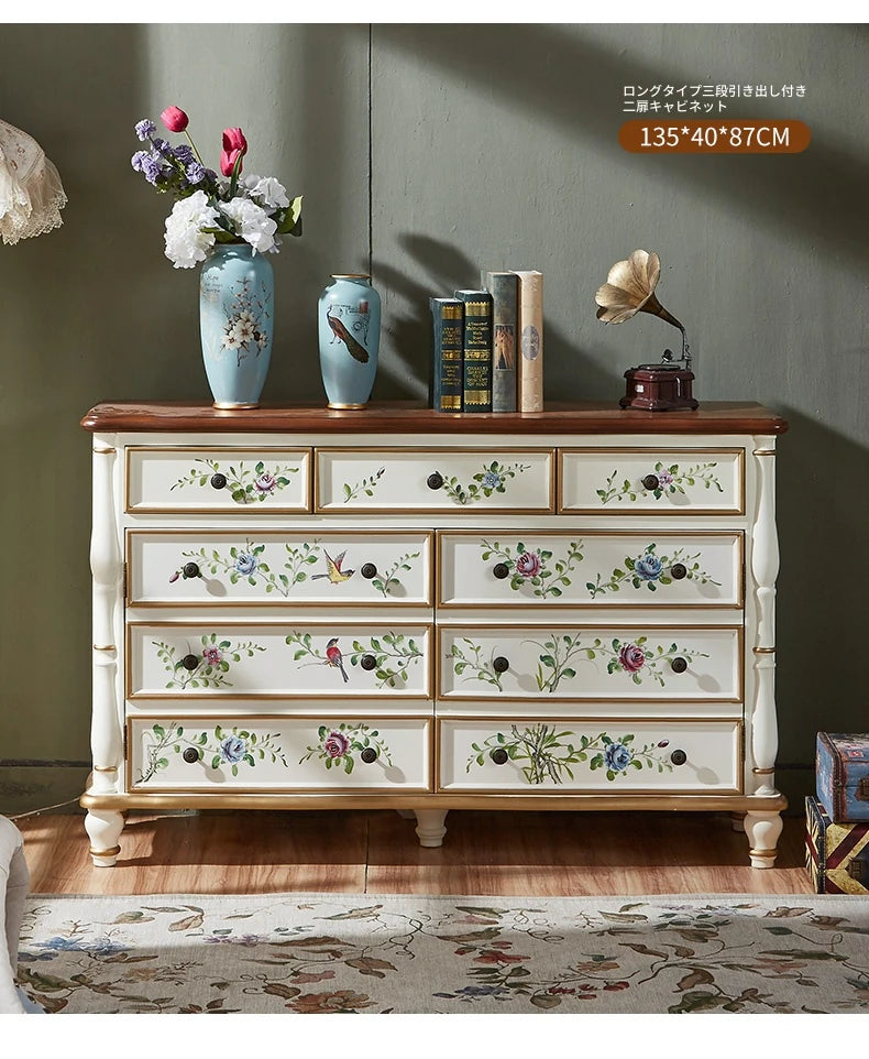 エレガントなパインキャビネット|花柄デザインの収納家具|ヴィンテージスタイルのおしゃれなインテリア hfgxc-4865