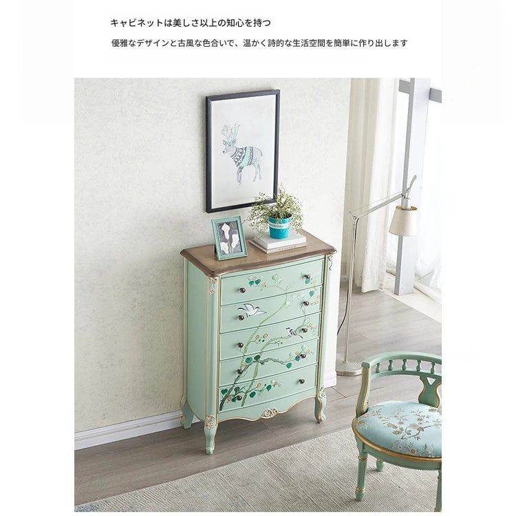 パイン材の美しい花鳥デザインキャビネット - エレガントな収納家具でお部屋を彩る hfgxc-4866