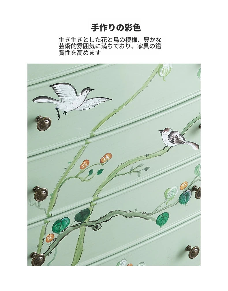 パイン材の美しい花鳥デザインキャビネット - エレガントな収納家具でお部屋を彩る hfgxc-4866