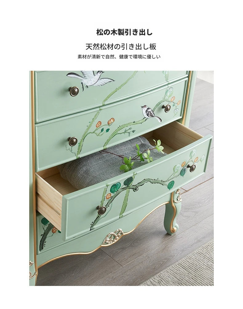 パイン材の美しい花鳥デザインキャビネット - エレガントな収納家具でお部屋を彩る hfgxc-4866