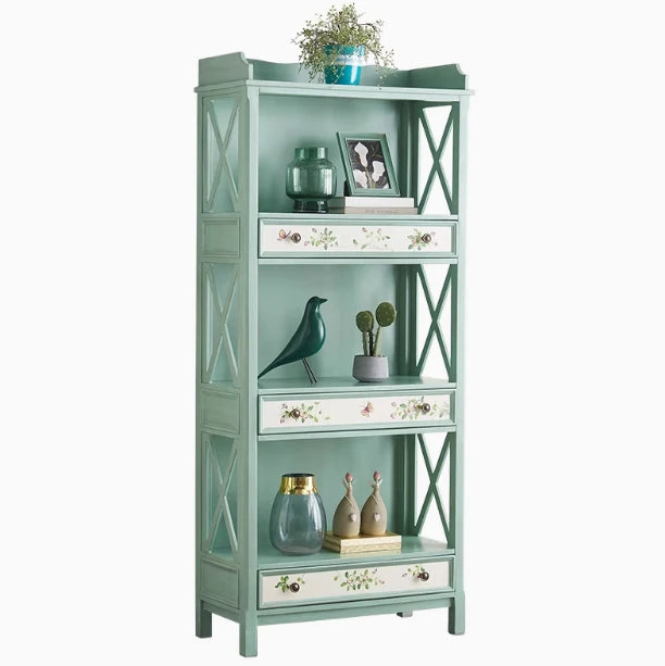 おしゃれなパイン製キャビネット - アンティーク風グリーン、花柄デザイン、収納に最適! hfgxc-4867