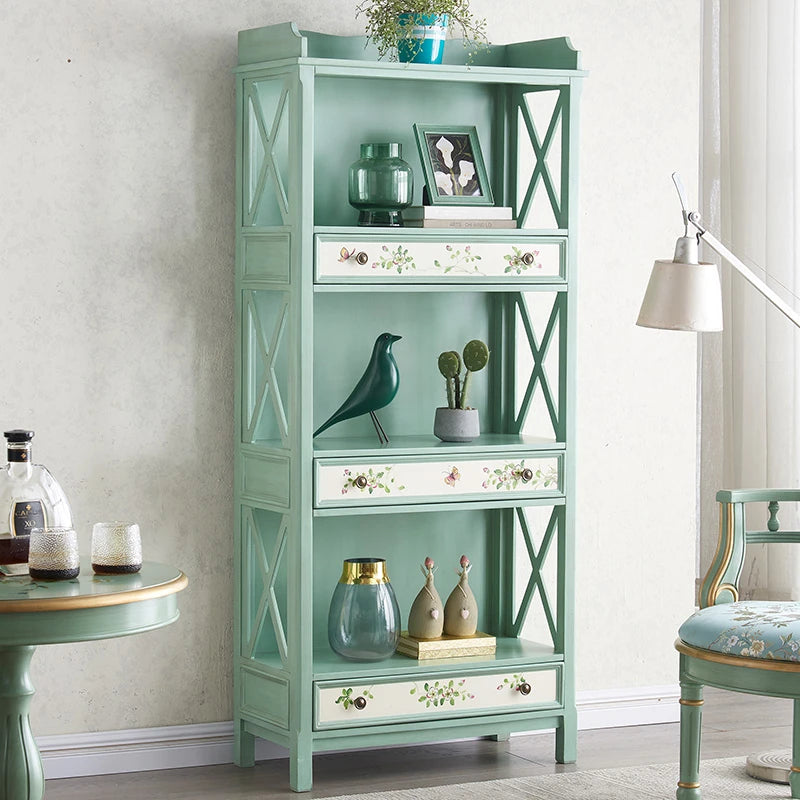 おしゃれなパイン製キャビネット - アンティーク風グリーン、花柄デザイン、収納に最適! hfgxc-4867