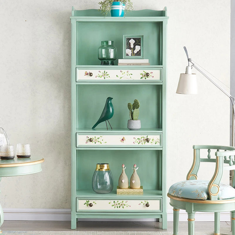 おしゃれなパイン製キャビネット - アンティーク風グリーン、花柄デザイン、収納に最適! hfgxc-4867