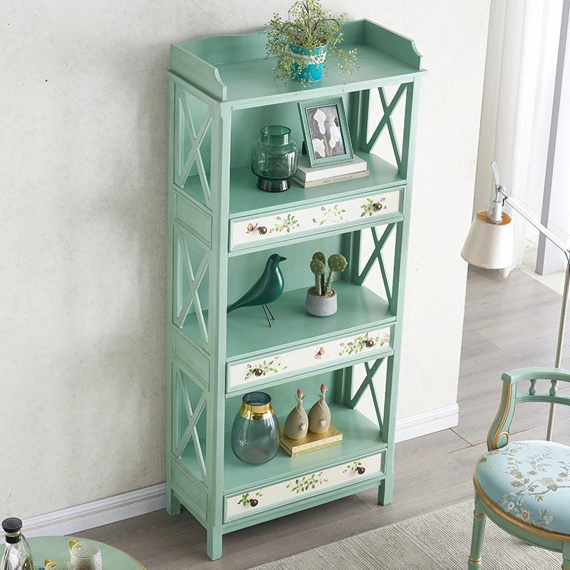 おしゃれなパイン製キャビネット - アンティーク風グリーン、花柄デザイン、収納に最適! hfgxc-4867