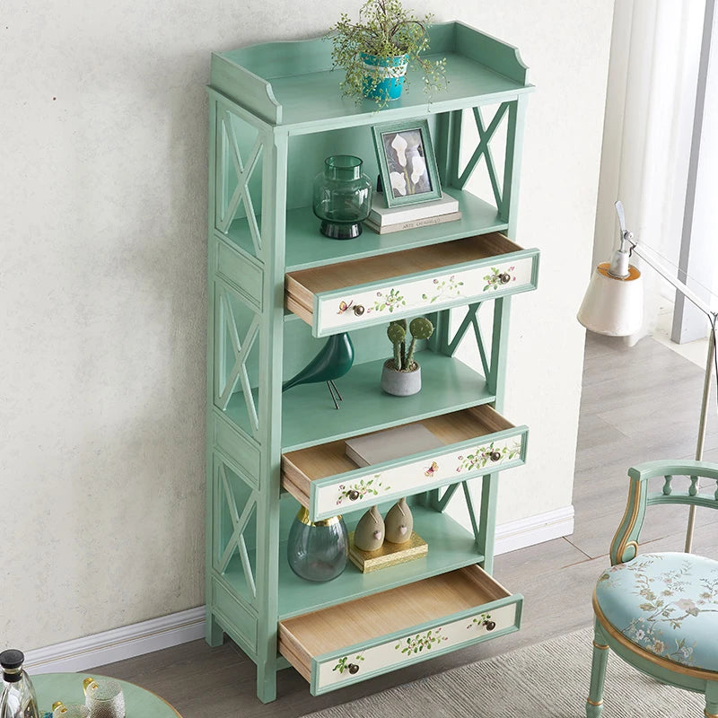 おしゃれなパイン製キャビネット - アンティーク風グリーン、花柄デザイン、収納に最適! hfgxc-4867