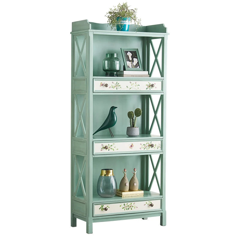 おしゃれなパイン製キャビネット - アンティーク風グリーン、花柄デザイン、収納に最適! hfgxc-4867