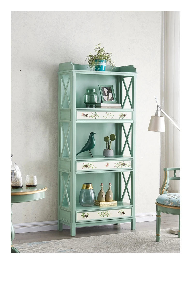 おしゃれなパイン製キャビネット - アンティーク風グリーン、花柄デザイン、収納に最適! hfgxc-4867