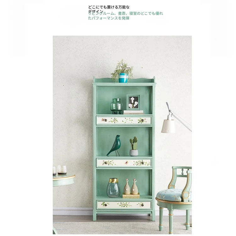 おしゃれなパイン製キャビネット - アンティーク風グリーン、花柄デザイン、収納に最適! hfgxc-4867