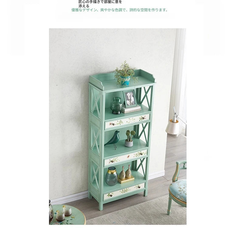 おしゃれなパイン製キャビネット - アンティーク風グリーン、花柄デザイン、収納に最適! hfgxc-4867