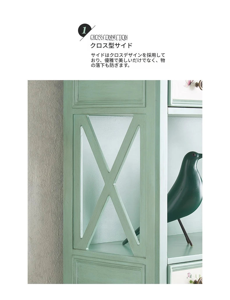 おしゃれなパイン製キャビネット - アンティーク風グリーン、花柄デザイン、収納に最適! hfgxc-4867