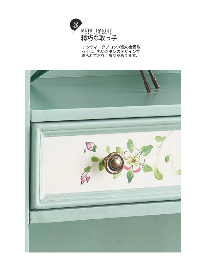 おしゃれなパイン製キャビネット - アンティーク風グリーン、花柄デザイン、収納に最適! hfgxc-4867