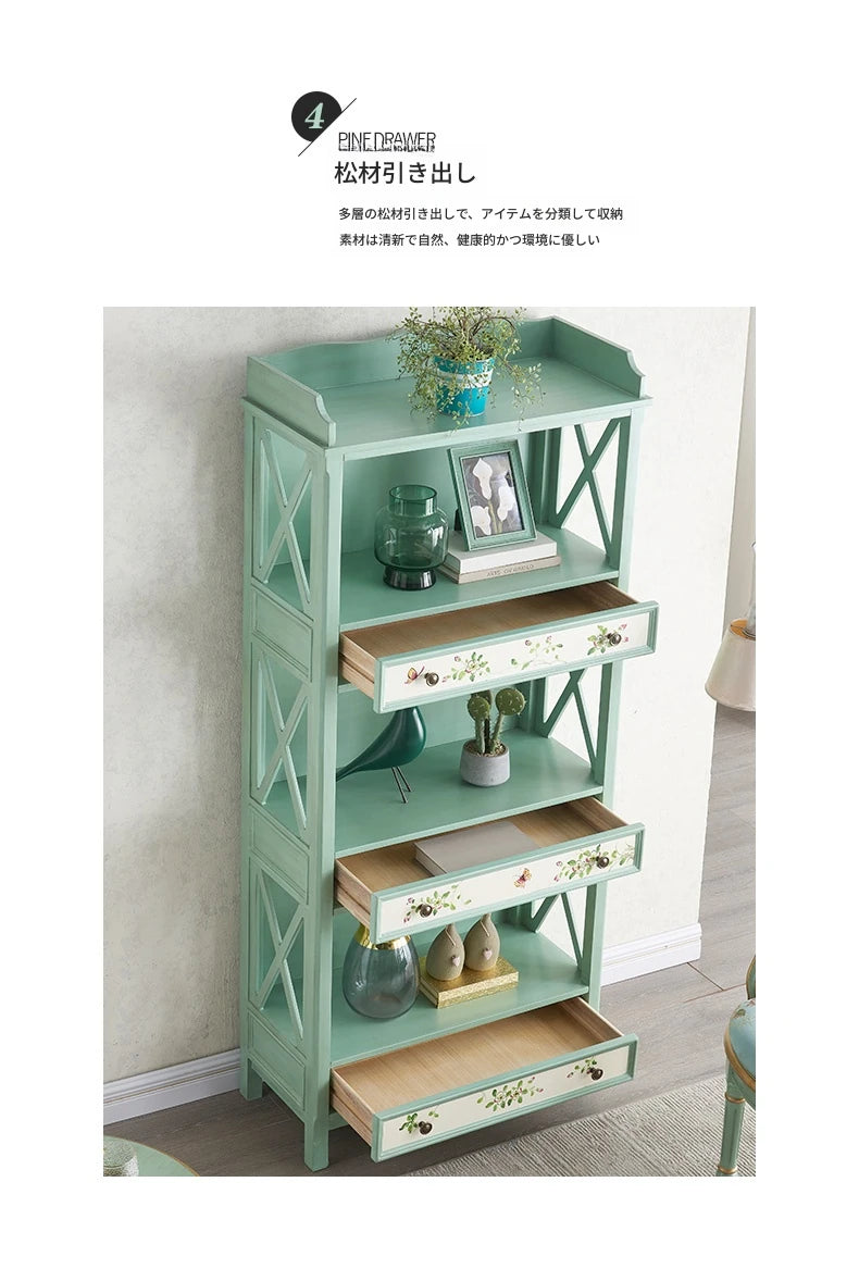 おしゃれなパイン製キャビネット - アンティーク風グリーン、花柄デザイン、収納に最適! hfgxc-4867