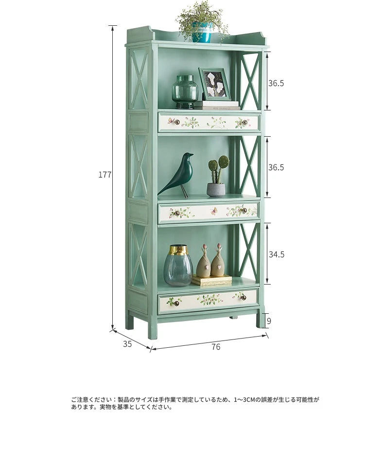 おしゃれなパイン製キャビネット - アンティーク風グリーン、花柄デザイン、収納に最適! hfgxc-4867