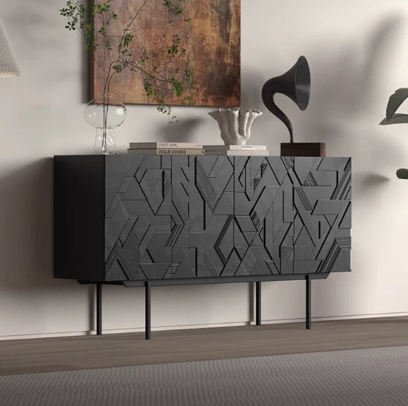 モダンデザインのブラックキャビネット - アートな彫刻模様でお部屋をスタイリッシュに演出する収納家具 hfgxc-4872