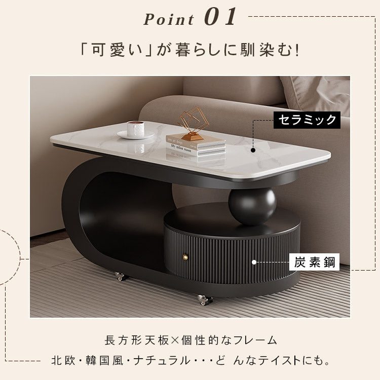 移動式リビングテーブル 家庭用 フレンチ風 ラグジュアリー感 ミニマルデザイン 楕円形 シンプル ワゴン型サイドテーブル hgf-5384