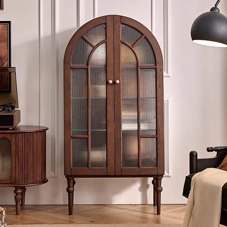 アンティーク風レッドオークキャビネット|ガラス&銅製アクセントの多層板収納 hggw-4186