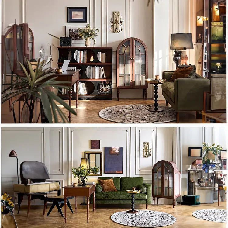 アンティーク風レッドオークキャビネット|ガラス&銅製アクセントの多層板収納 hggw-4186