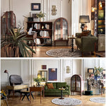 アンティーク風レッドオークキャビネット|ガラス&銅製アクセントの多層板収納 hggw-4186