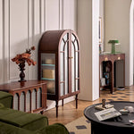 アンティーク風レッドオークキャビネット|ガラス&銅製アクセントの多層板収納 hggw-4186