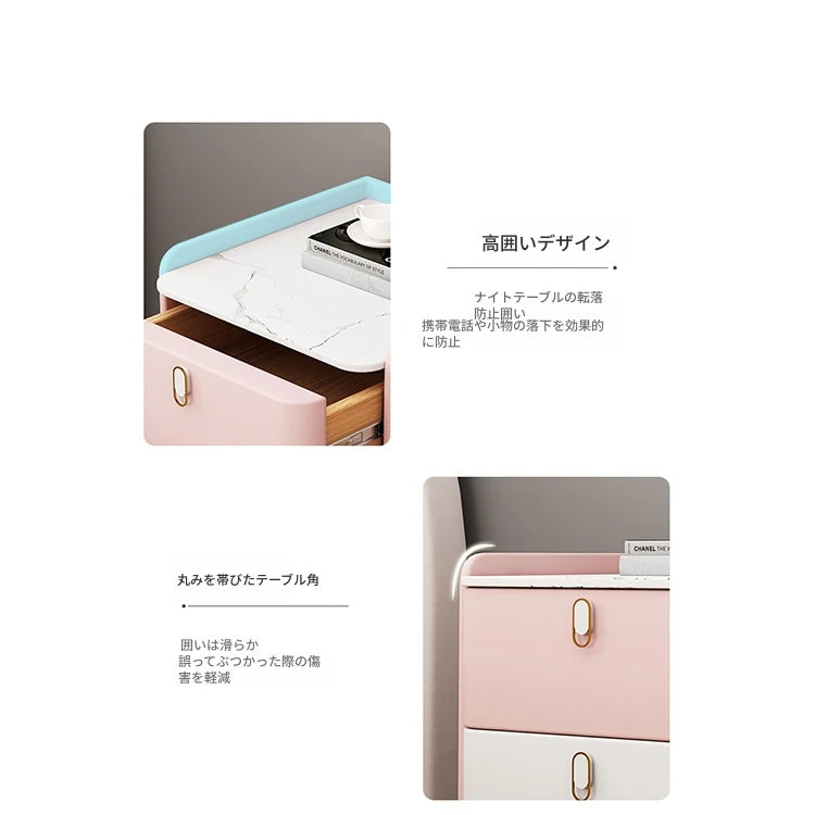 ピンクとクリーム色のモダンナイトテーブル - パイン材・セラミック・合皮仕上げ、スタイリッシュな収納家具 hjd-3145
