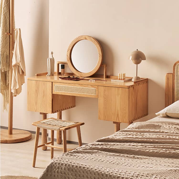 「おしゃれなアッシュ材ラタンガラス化粧台 - 高級感漂うアイテム」 hjhms-1039