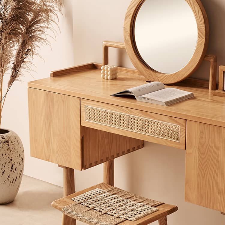 「おしゃれなアッシュ材ラタンガラス化粧台 - 高級感漂うアイテム」 hjhms-1039