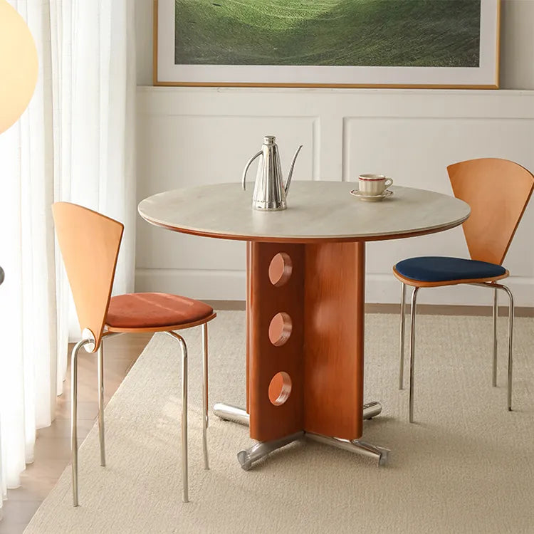 ラウンド セラミック天板 ダイニングテーブル 小型家庭用 ステンレス脚 北欧フレンチヴィンテージ風 無垢材 中古調 丸テーブル hjj-3659