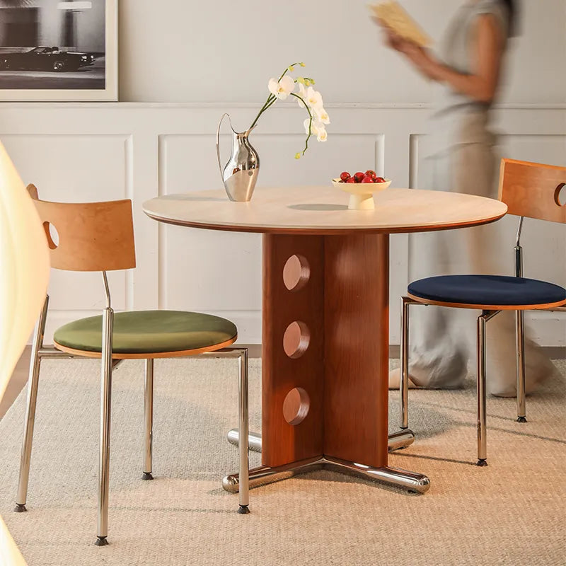 ラウンド セラミック天板 ダイニングテーブル 小型家庭用 ステンレス脚 北欧フレンチヴィンテージ風 無垢材 中古調 丸テーブル hjj-3659