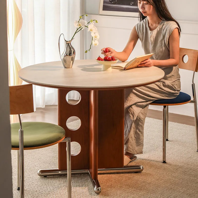 ラウンド セラミック天板 ダイニングテーブル 小型家庭用 ステンレス脚 北欧フレンチヴィンテージ風 無垢材 中古調 丸テーブル hjj-3659