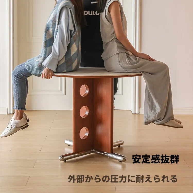 ラウンド セラミック天板 ダイニングテーブル 小型家庭用 ステンレス脚 北欧フレンチヴィンテージ風 無垢材 中古調 丸テーブル hjj-3659