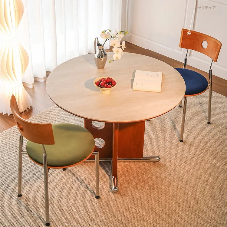 ラウンド セラミック天板 ダイニングテーブル 小型家庭用 ステンレス脚 北欧フレンチヴィンテージ風 無垢材 中古調 丸テーブル hjj-3659