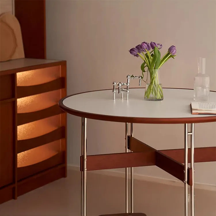 セラミック天板ラウンドテーブルヴィンテージ 無垢材 ステンレス脚 hjj-3662