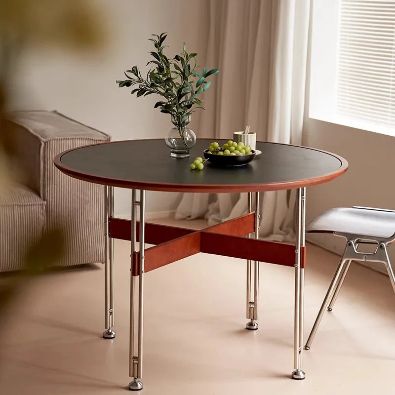 セラミック天板ラウンドテーブルヴィンテージ 無垢材 ステンレス脚 hjj-3662