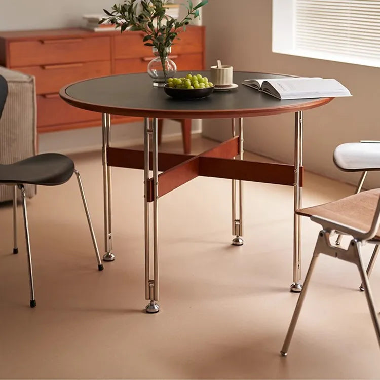 セラミック天板ラウンドテーブルヴィンテージ 無垢材 ステンレス脚 hjj-3662