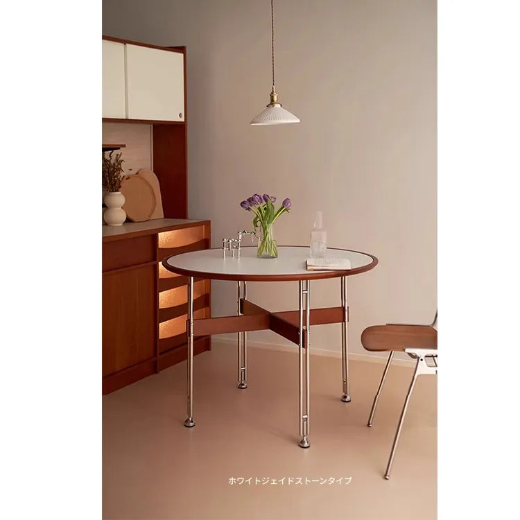 セラミック天板ラウンドテーブルヴィンテージ 無垢材 ステンレス脚 hjj-3662