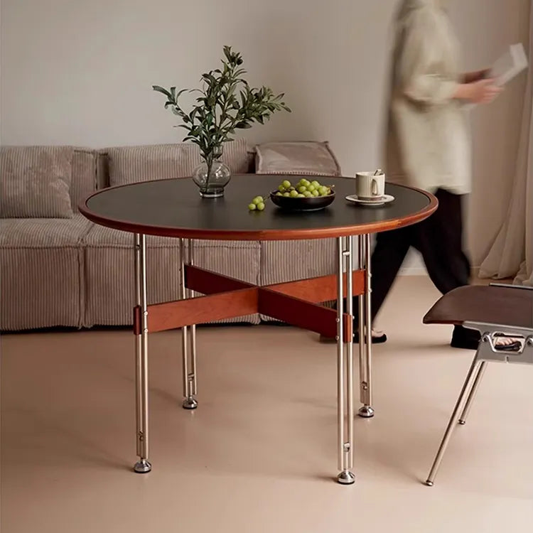 セラミック天板ラウンドテーブルヴィンテージ 無垢材 ステンレス脚 hjj-3662