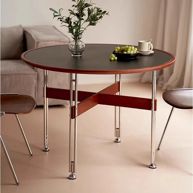 セラミック天板ラウンドテーブルヴィンテージ 無垢材 ステンレス脚 hjj-3662