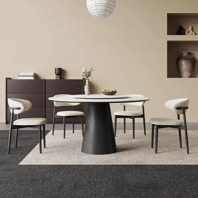 無垢材ラウンドテーブル 回転式 モダンミニマル セラミック天板 マットホワイト イタリアンデザイン hjj-3664