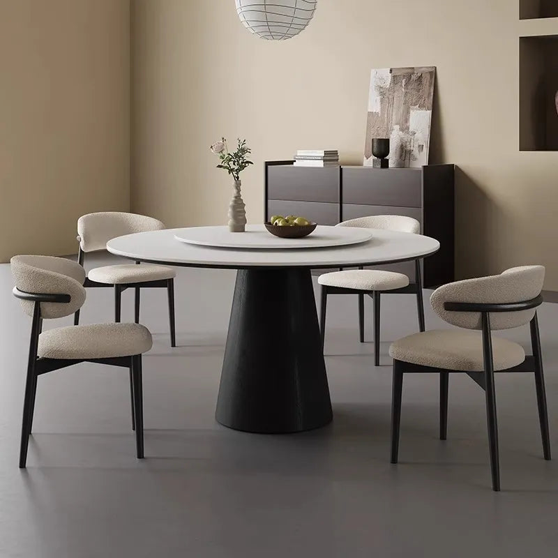 無垢材ラウンドテーブル 回転式 モダンミニマル セラミック天板 マットホワイト イタリアンデザイン hjj-3664