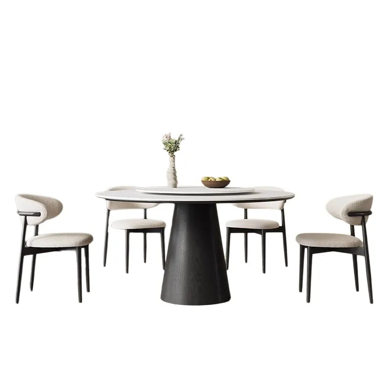 無垢材ラウンドテーブル 回転式 モダンミニマル セラミック天板 マットホワイト イタリアンデザイン hjj-3664