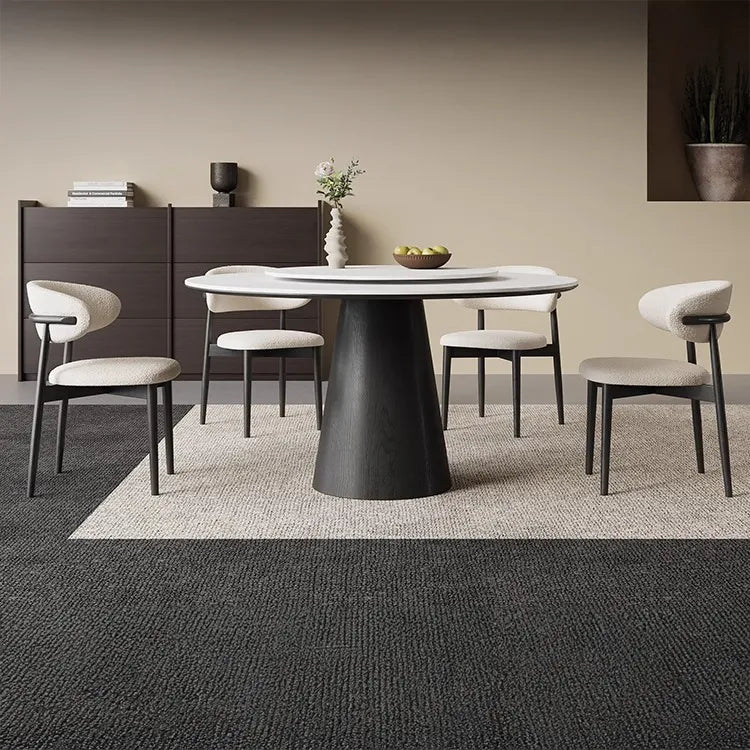 無垢材ラウンドテーブル 回転式 モダンミニマル セラミック天板 マットホワイト イタリアンデザイン hjj-3664